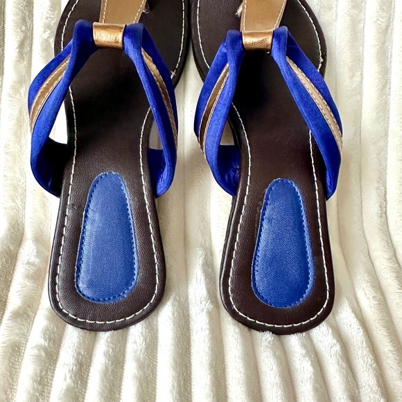 NEW Gold Blue Sandals Cushioned Flip Flops Statement Thumb Strap Size 9 Flats - Picture 6 of 12